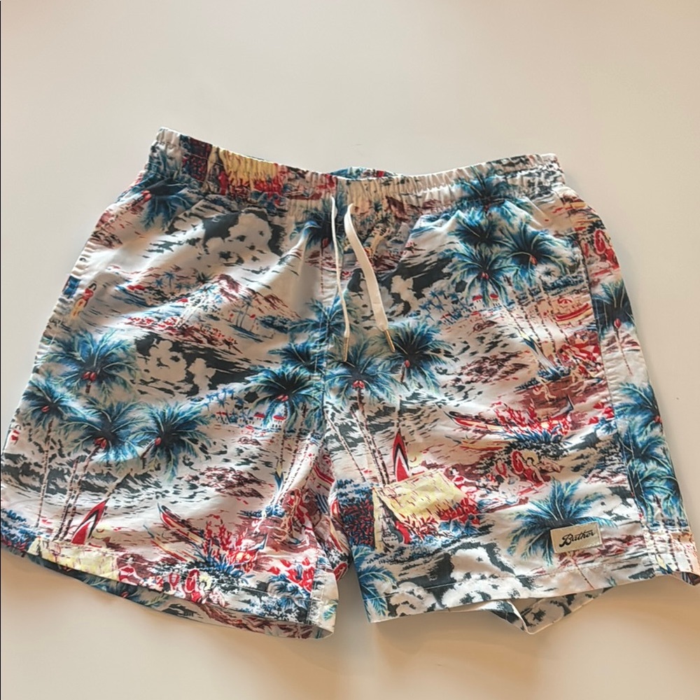 Vibrant Blue and Red Tripical Print Swim Trunks  Mens Small
